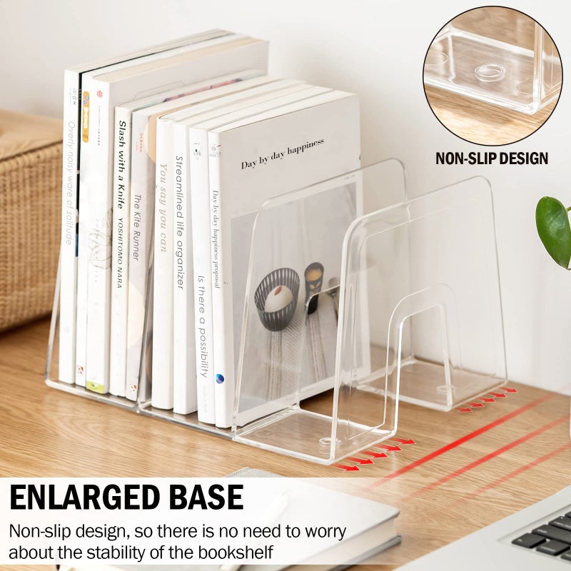 Lunmore Clear Desktop Book Organizer, Creative Book Stand, Divider Bookshelf for Home School and Office, Non-Acrylic Stand Bookshelves (3 Sections), Transparent, Pack of 2 - Image 2